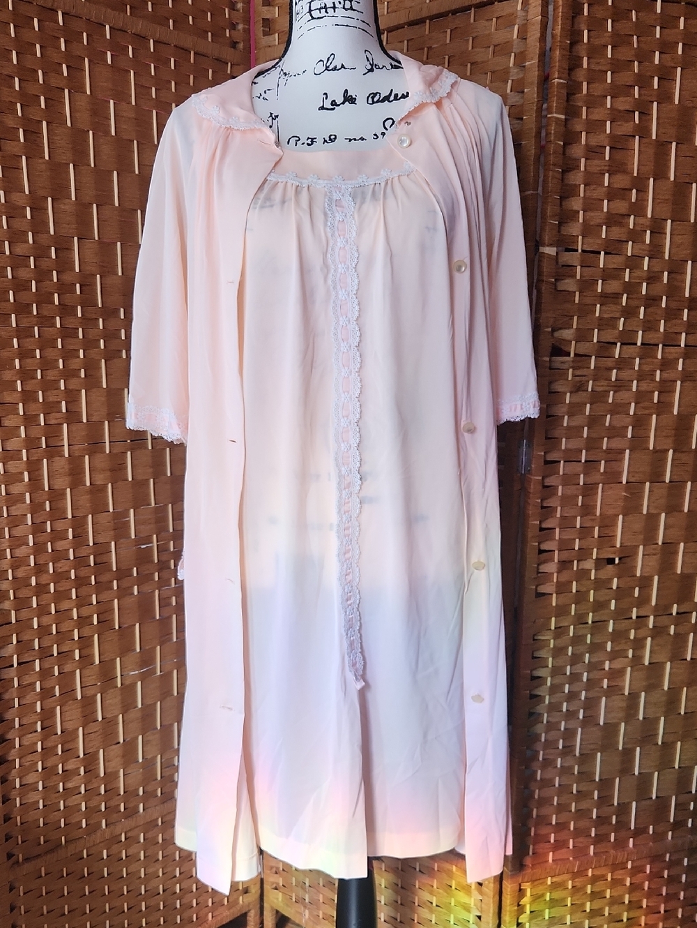 LORRAINE, Vintage Women's Soft Pink, Lace, Embroided Slip And Nightgown Set Sz M